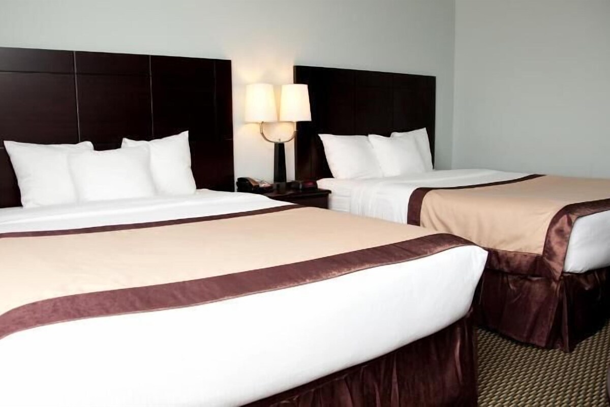 Ein Hotelzimmer mit zwei Betten, einem Nachttisch mit Lampe und einer schlichten Wand.