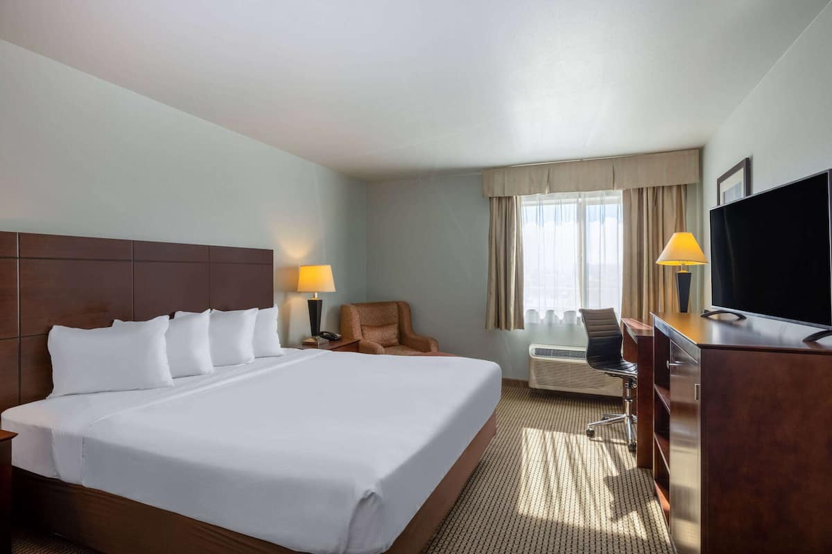 Ein Hotelzimmer mit einem großen Bett, einem Schreibtisch, einem Stuhl, einem Fernseher und einem Fenster mit Vorhängen.