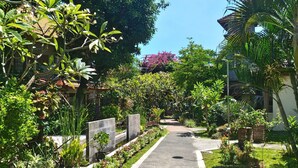 Un sendero bordeado de exuberante vegetación y diversas plantas, que conduce a un edificio con tejado de tejas.