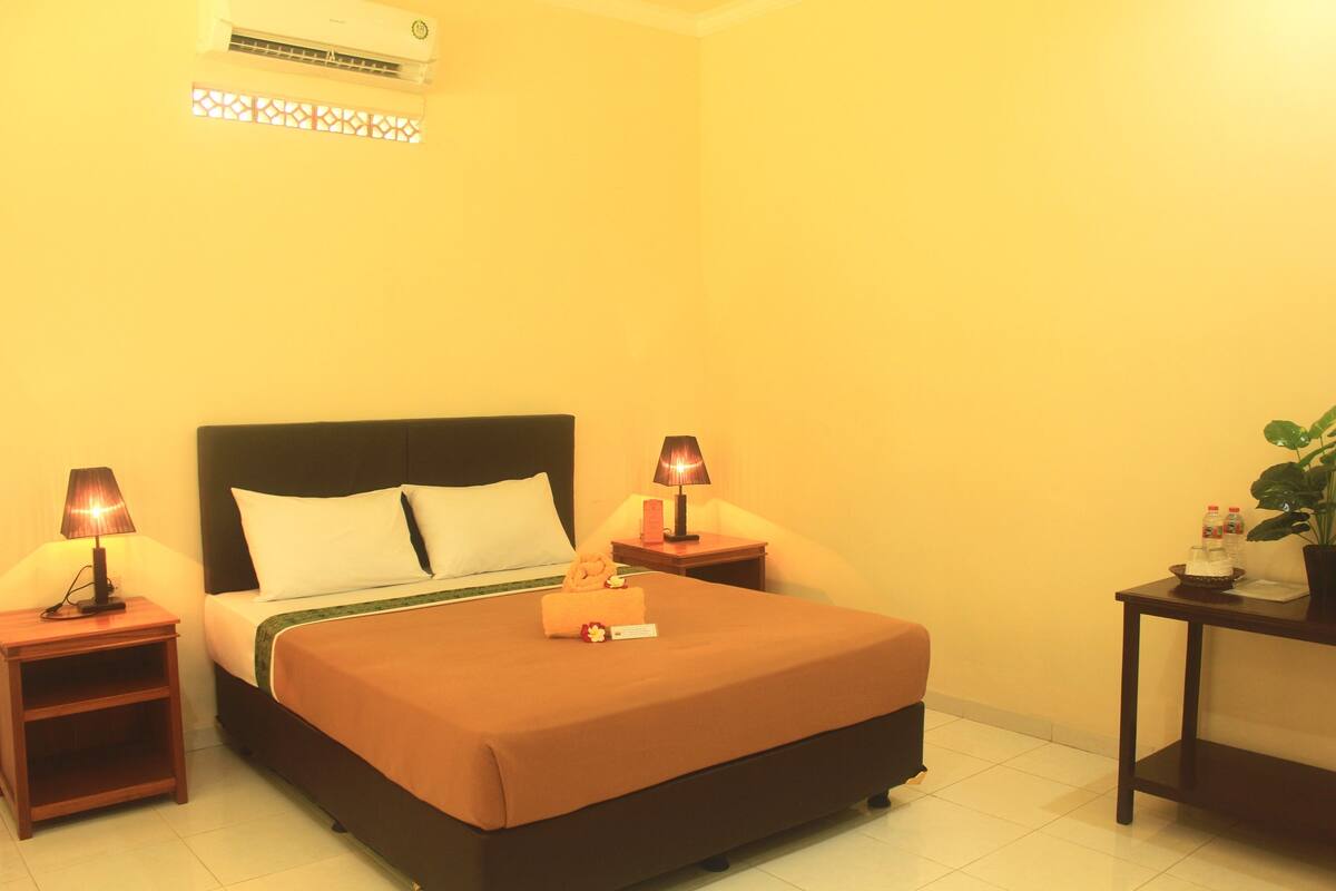 A hotel room with a bed, two bedside tables, a nightstand, a small table with a plant, and an air conditioning unit.