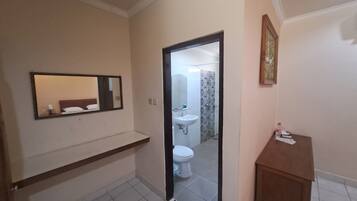 A bathroom with a mirror, sink, toilet, and a shower area.
