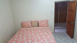 A bedroom with a bed, two pillows, a nightstand, and a wooden door.