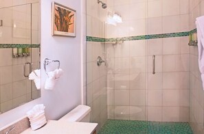 Shower, rainfall showerhead, free toiletries, hair dryer