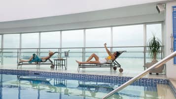 Outdoor pool, pool umbrellas, pool loungers