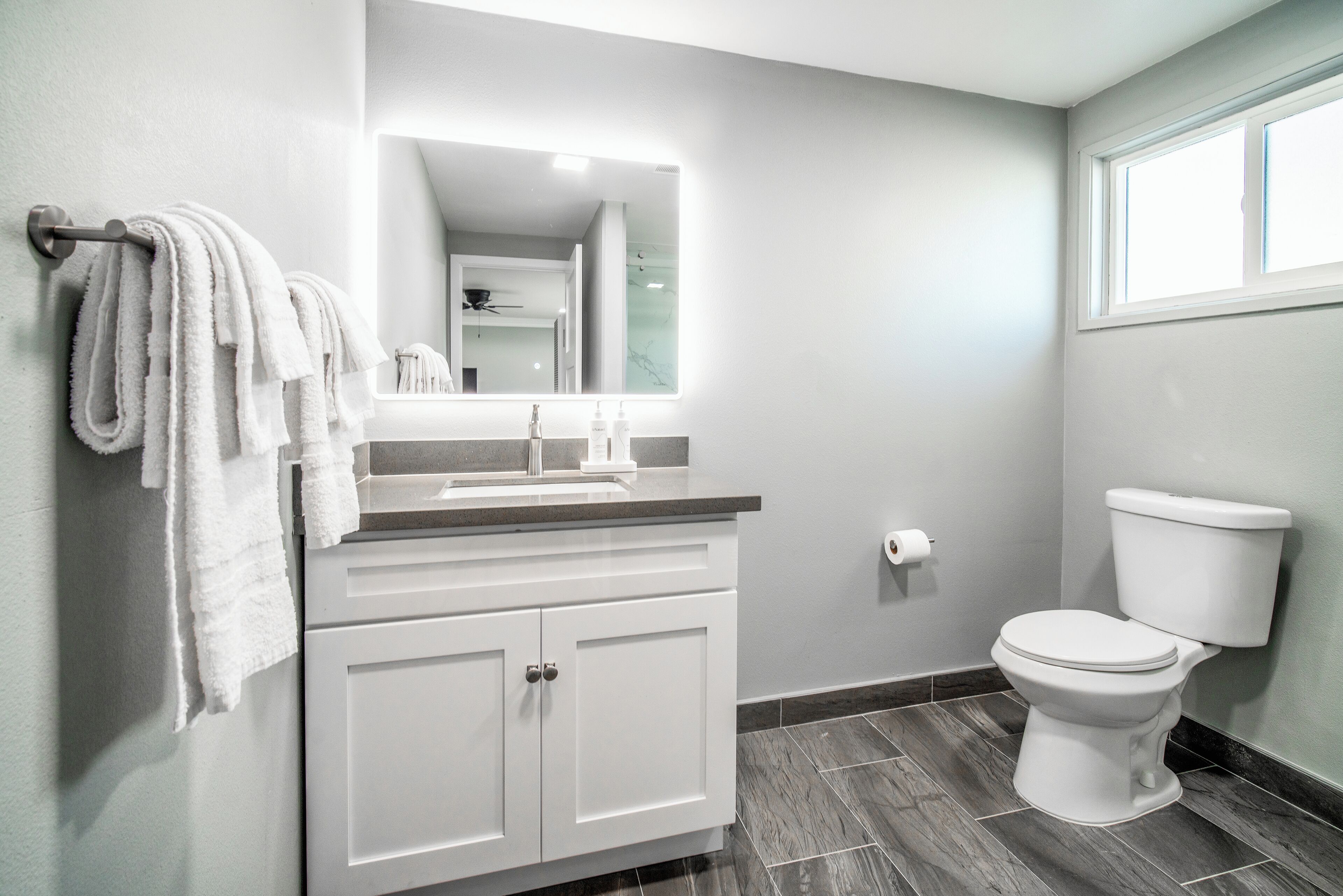 Un bagno con un mobile lavabo bianco, uno specchio, un water e un portascopevoli.