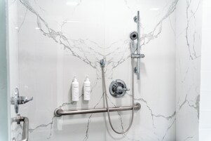 Quarto luxo, acessível para pessoas com deficiência física | Banheiro | Secador de cabelo, toalhas de banho, sabonete, shampoo