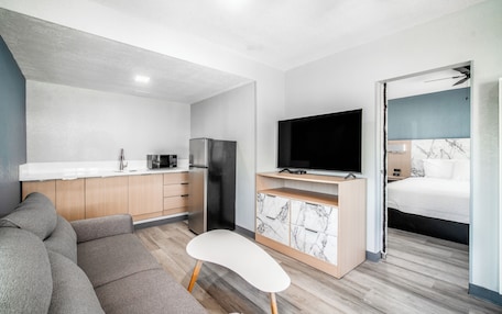 A modern, compact living space with a kitchenette, a flat-screen TV, a sofa, and a bed.