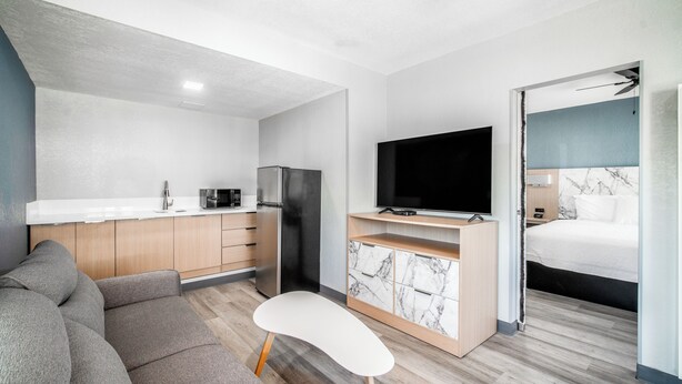 Ein modernes, kompaktes Wohnzimmer mit Küchenzeile, Flachbildfernseher, Sofa und Bett.