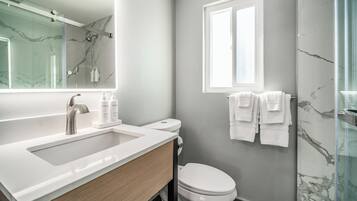 A modern bathroom with a white sink, a toilet, and a glass shower enclosure.