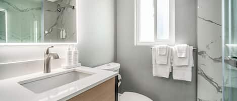 A modern bathroom with a white sink, a toilet, and a glass shower enclosure.