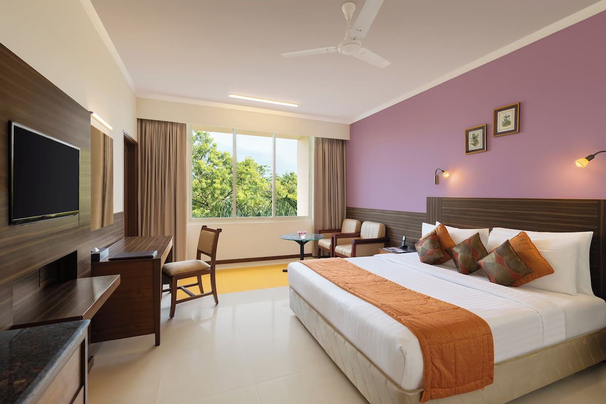 A hotel room with a bed, a desk, a television, and a window with curtains.