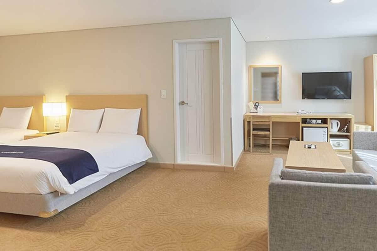 Habitación de hotel con dos camas, un escritorio, un sofá y un televisor.
