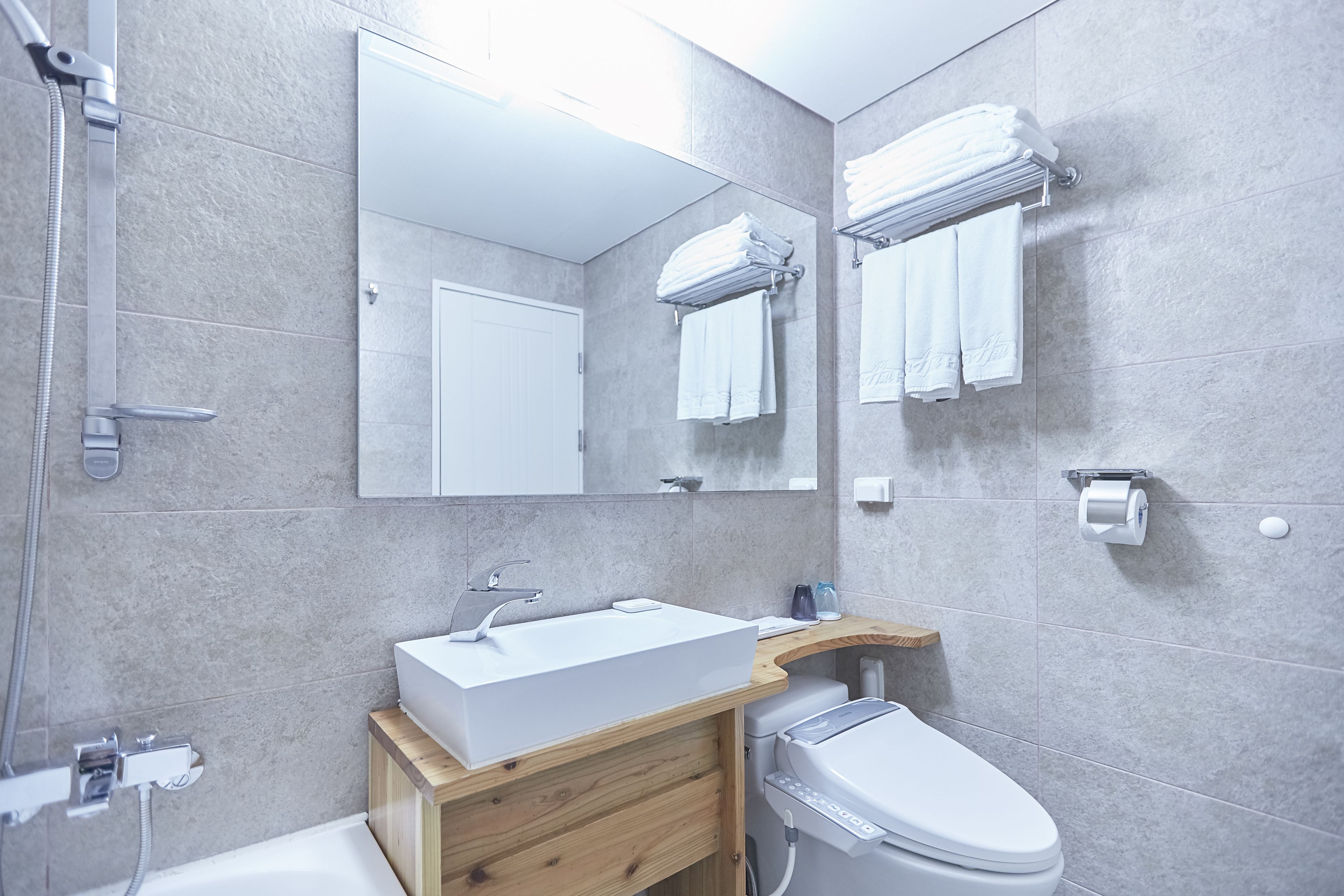 bathtub, hair dryer, slippers, bidet