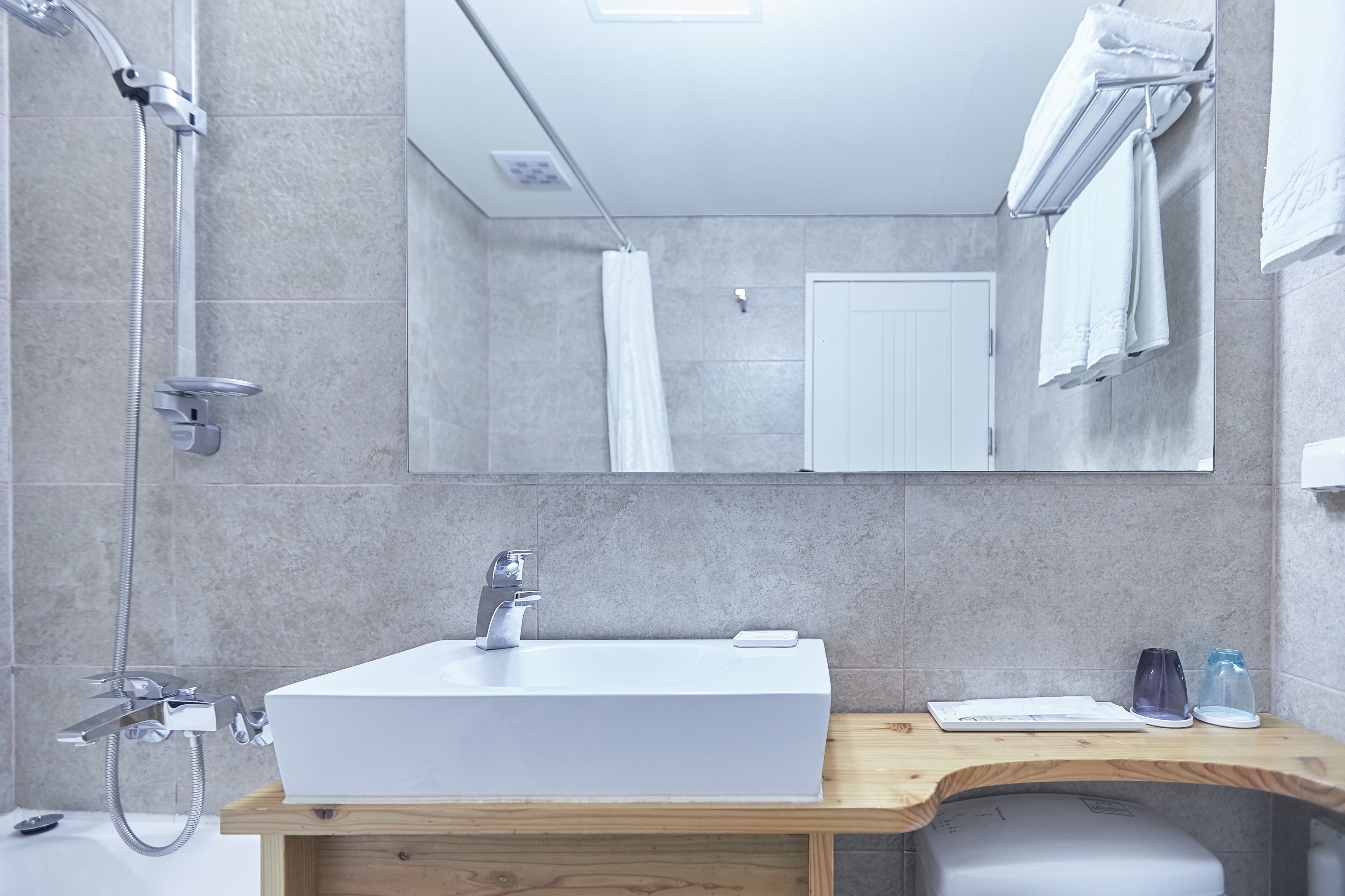 bathtub, hair dryer, slippers, bidet