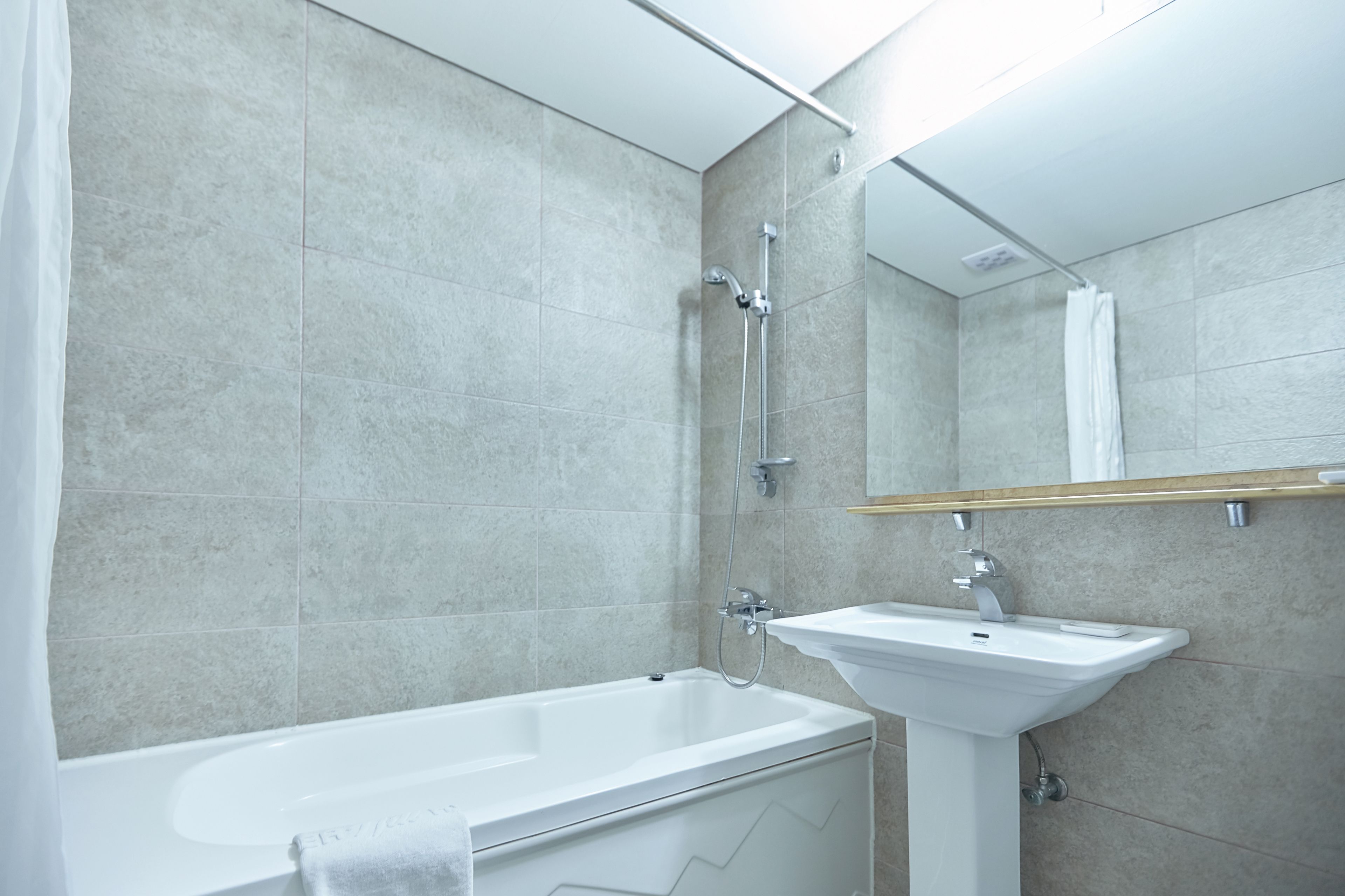 bathtub, hair dryer, slippers, bidet