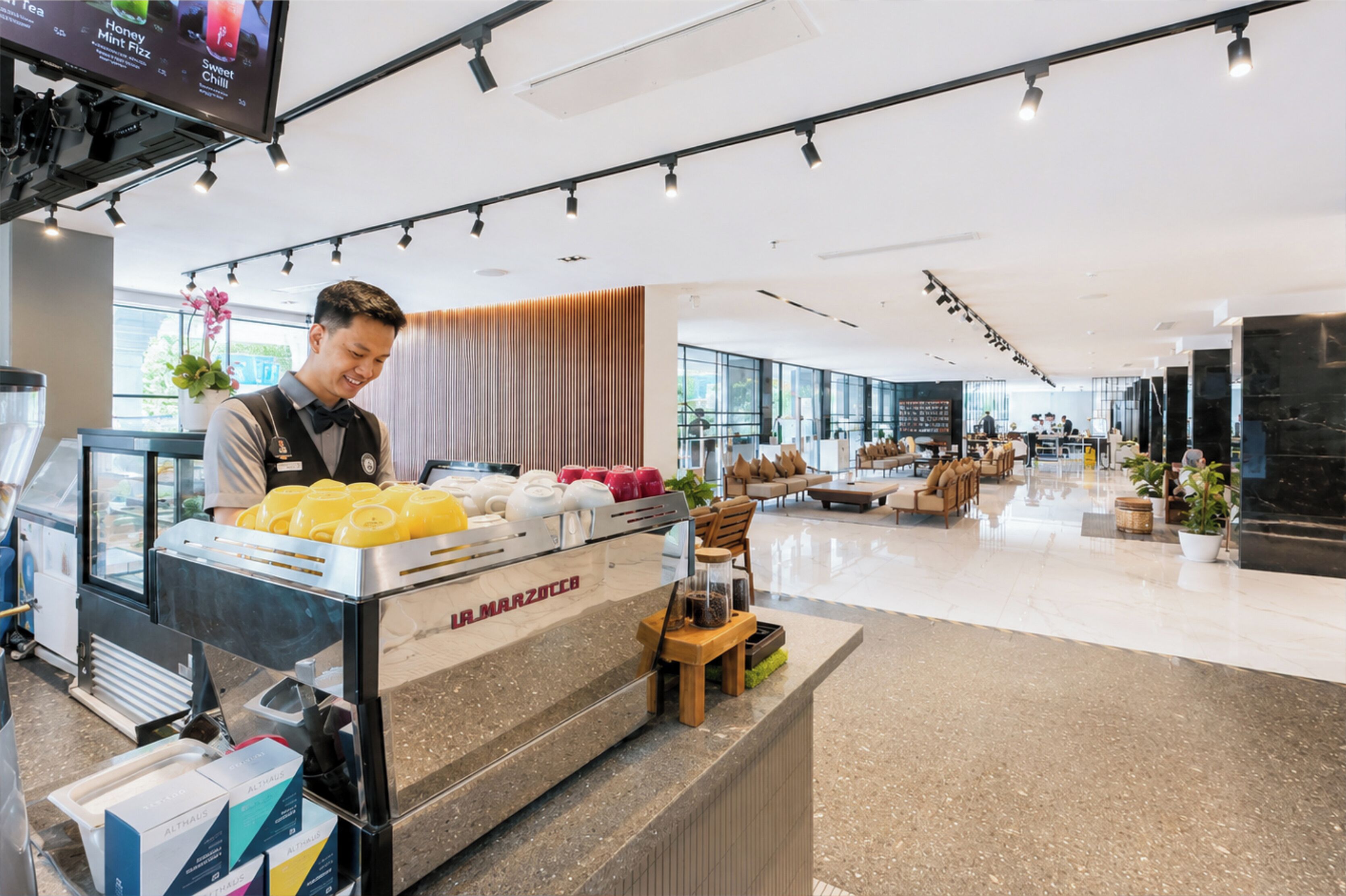 Un hall d’hôtel moderne doté d’un bar à café, d’un espace salon et de grandes fenêtres.