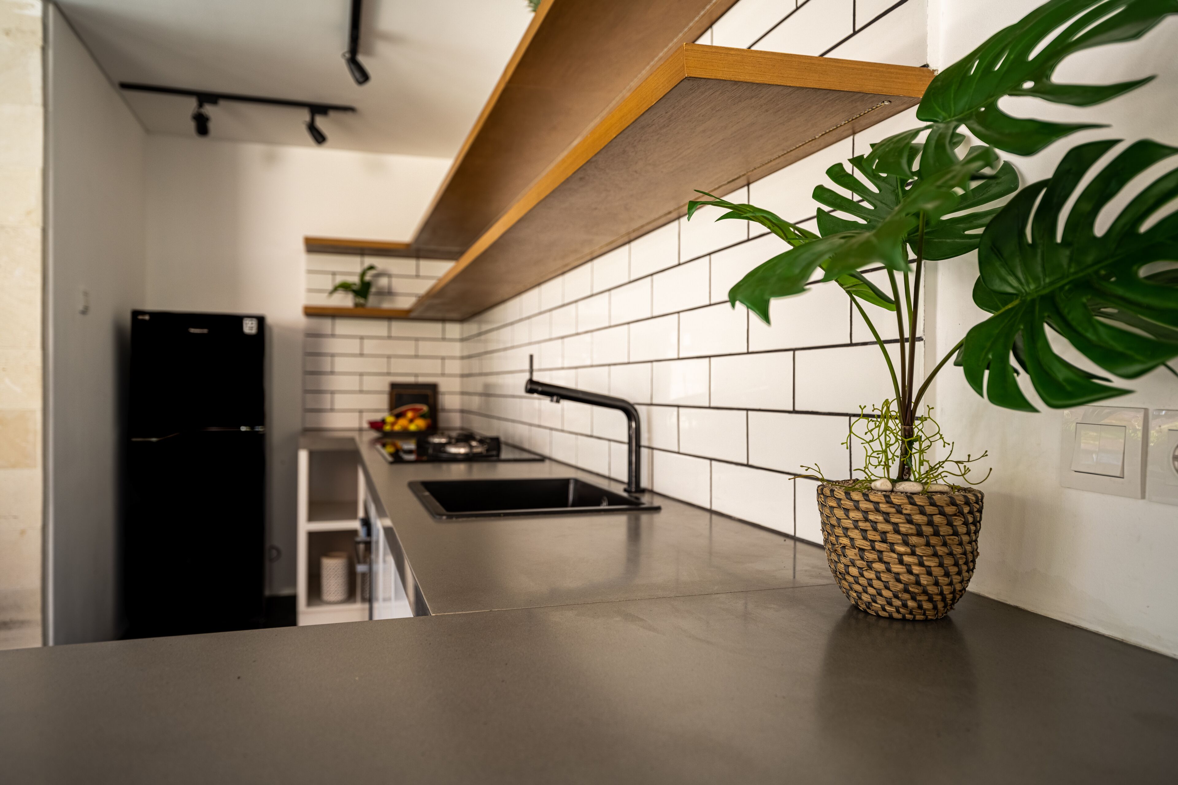 A modern kitchen with a stainless steel countertop, a black refrigerator, and a potted plant.