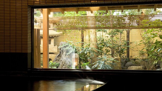A traditional Japanese room with tatami flooring, a shoji screen, and a view of a garden with a waterfall and rocks. - Mikuniya (Toyooka)