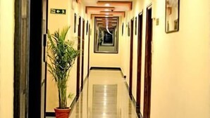 A long, narrow hallway with doors on both sides, a potted plant in the center, and a ceiling with recessed lighting. - Royal View Hotel (Jaipur)
