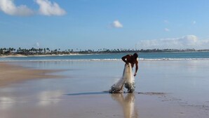 A beach with a person handling a fishing net on the shore. - Aguamarinha Pousada (Ipojuca)