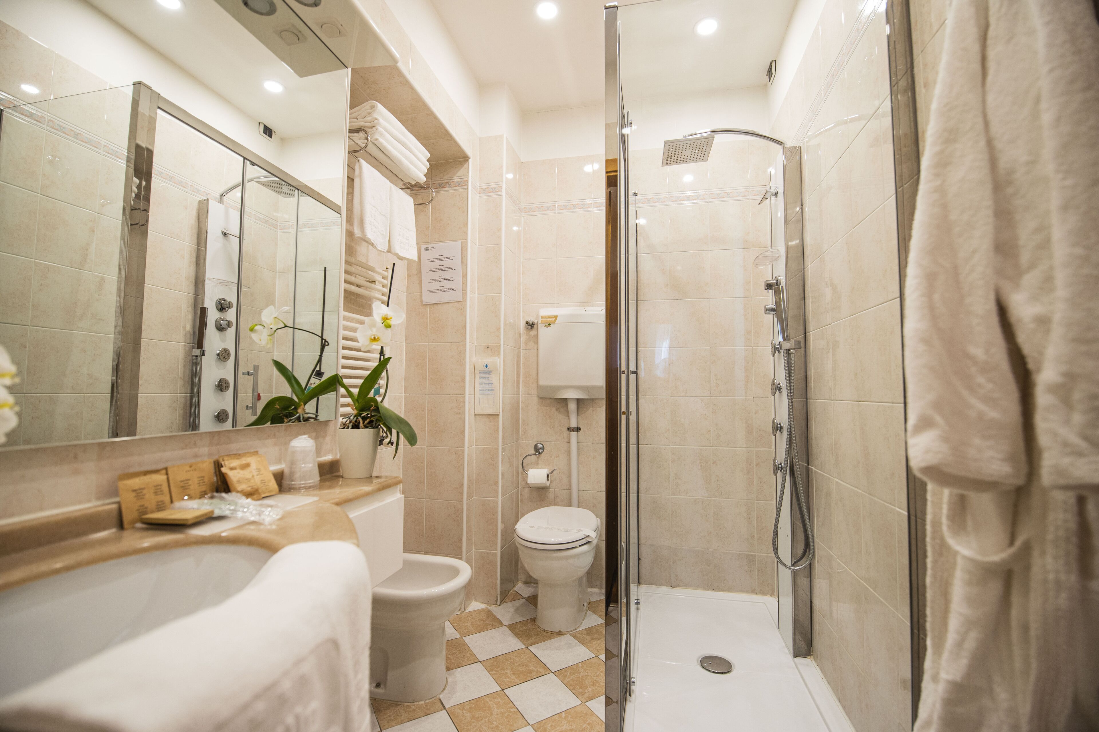 deluxe double room | bathroom | free toiletries, hair dryer, bidet, towels