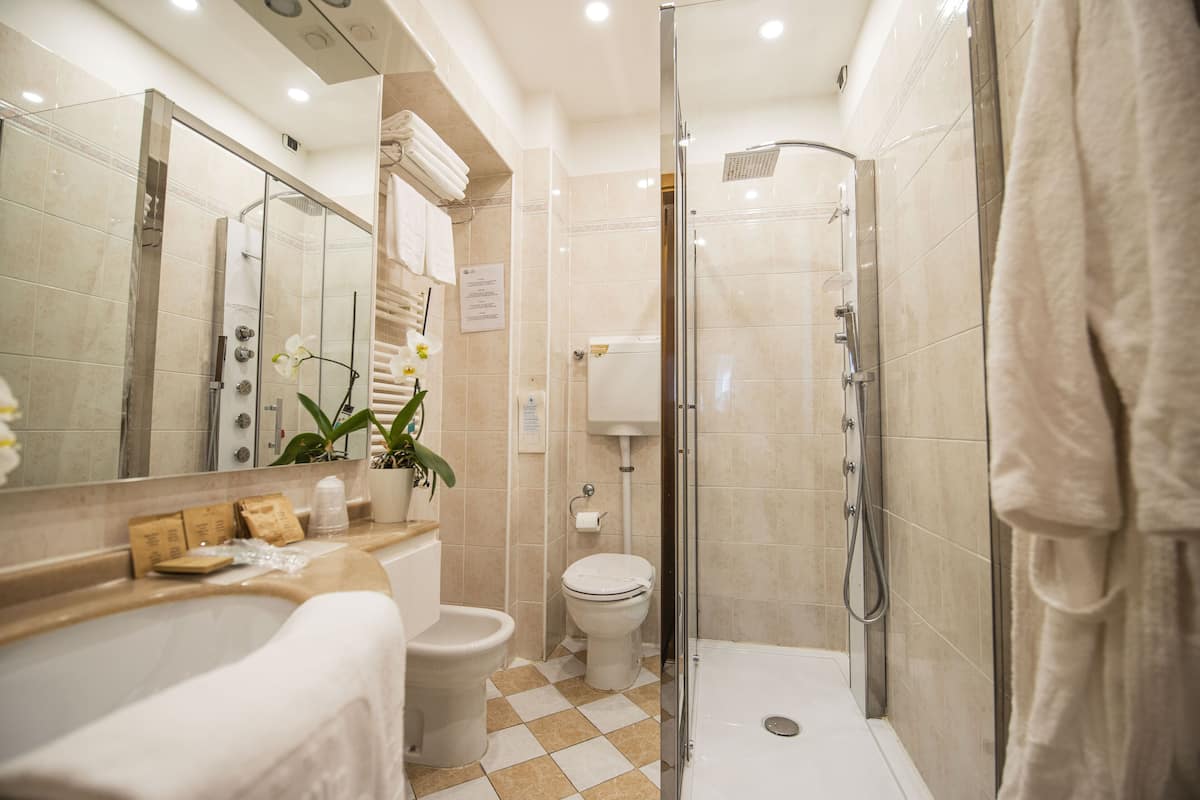 deluxe double room | bathroom | free toiletries, hair dryer, bidet, towels