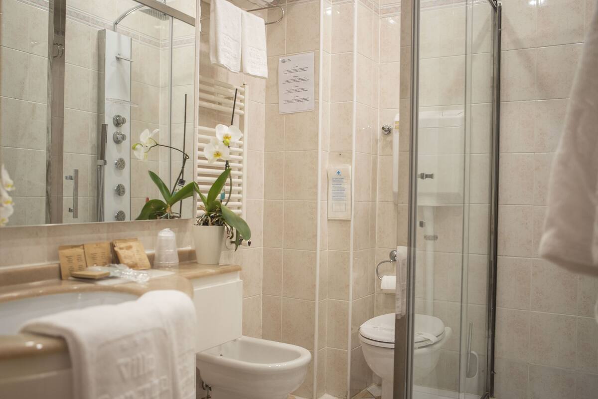 deluxe double room | bathroom | free toiletries, hair dryer, bidet, towels