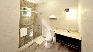 A modern bathroom with a glass-enclosed shower, a toilet, a sink with a vanity, and a towel rack. - Starlight Chalet (Silver Hill Gap)