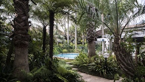 Un exuberante jardín con piscina, palmeras y un camino.