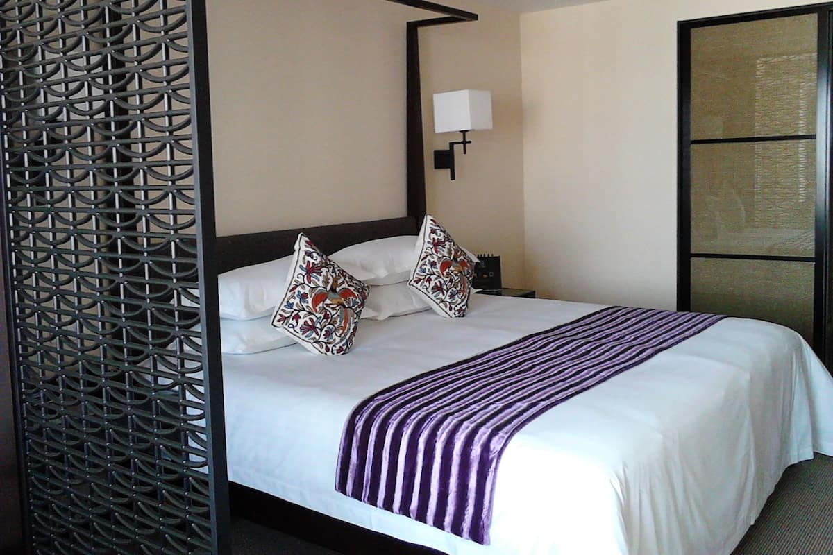 A hotel room with a four-poster bed, two decorative pillows, a purple striped throw, a wall-mounted lamp, and a decorative screen on the left.