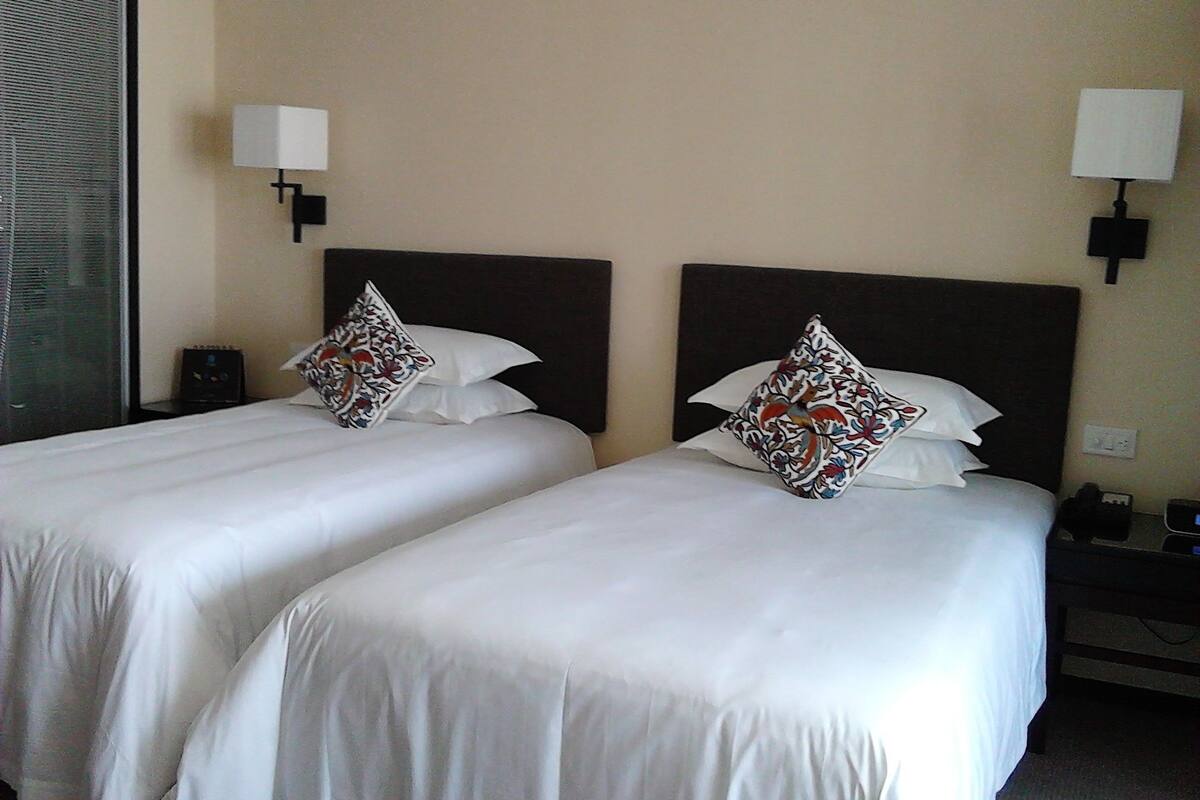 Two single beds with white linens and decorative pillows, a bedside table with a lamp, and a wall-mounted light fixture.