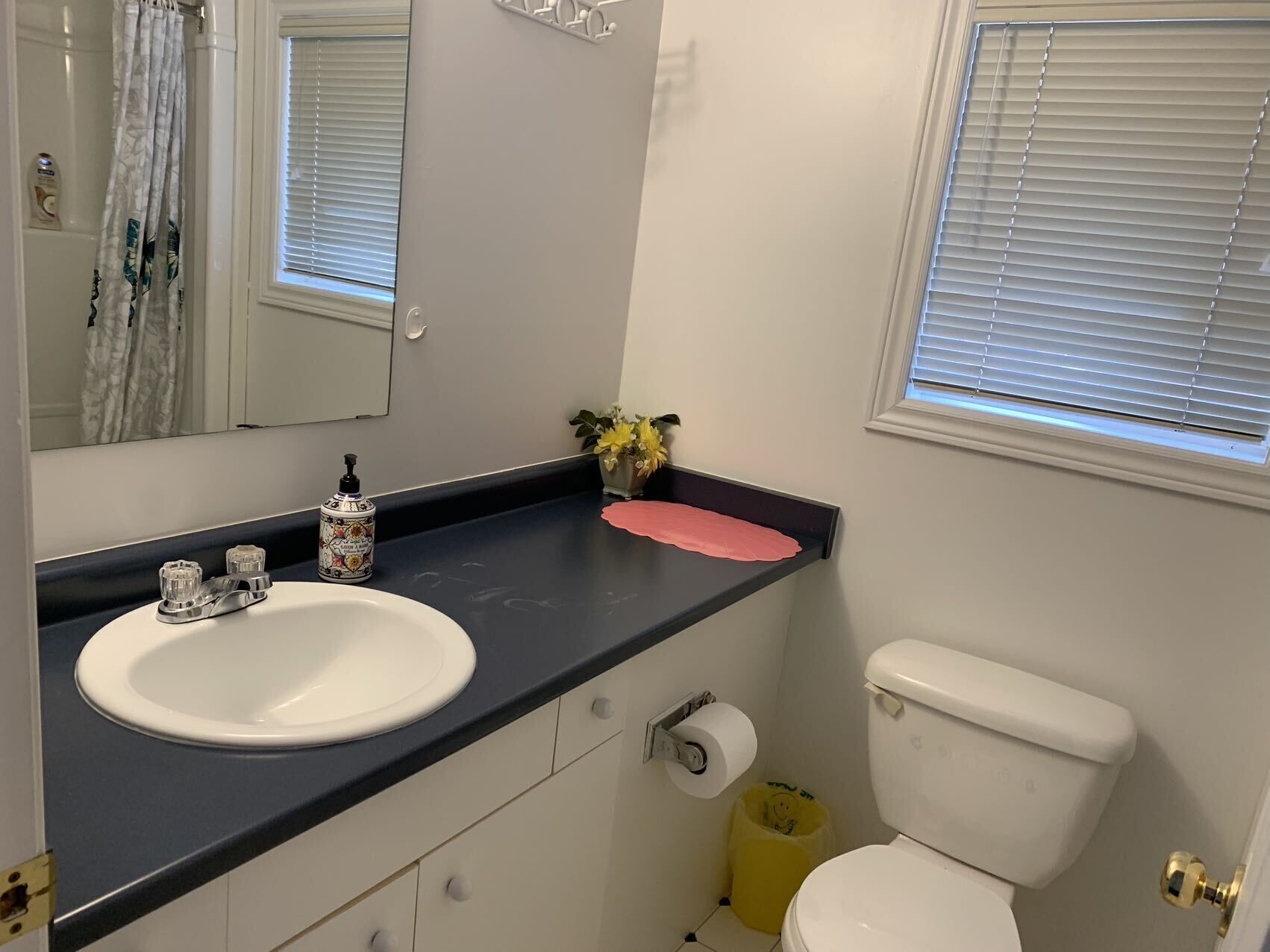 Ein Badezimmer mit einem weißen Waschbecken, einer Toilette und einem Fenster mit Jalousien.