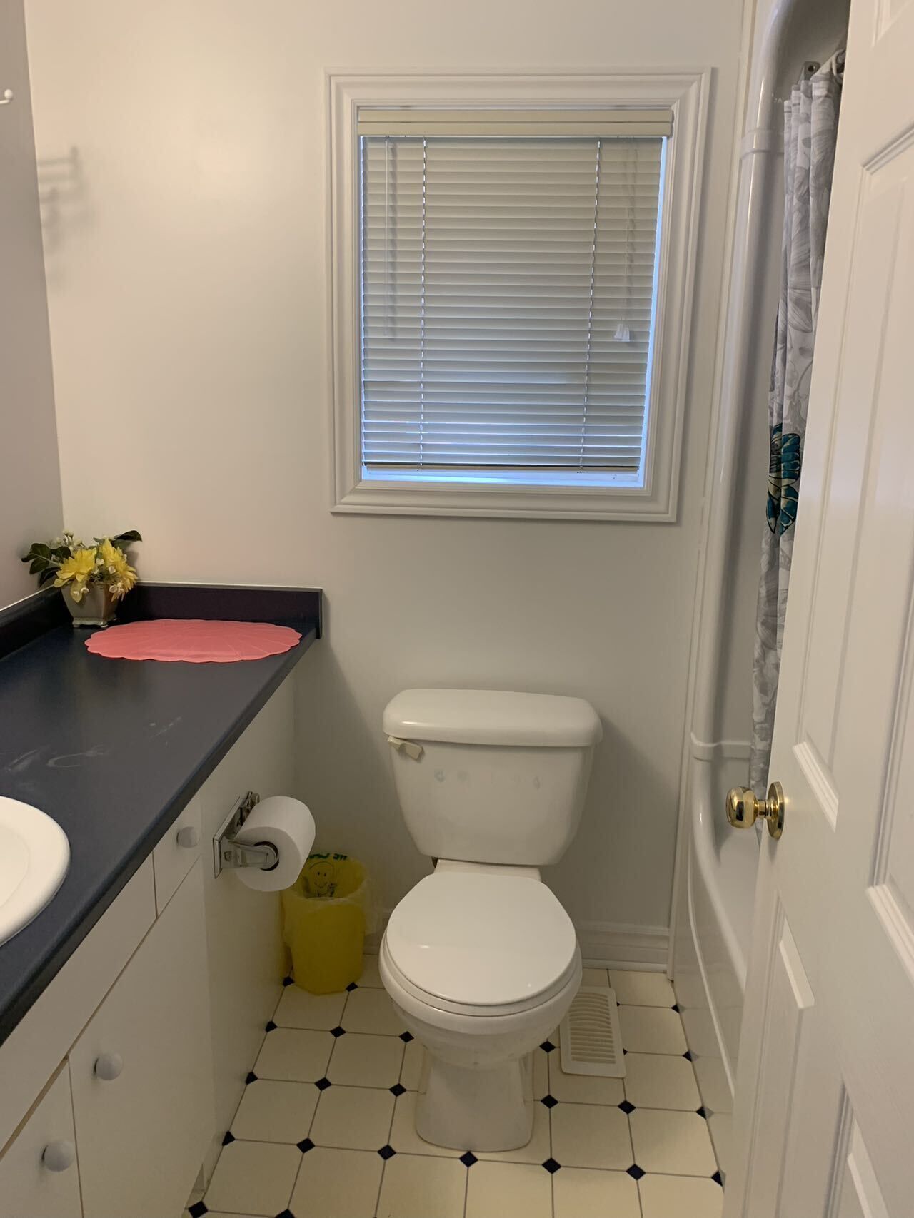 A small bathroom with a toilet, a sink, a window with blinds, and a shower curtain.