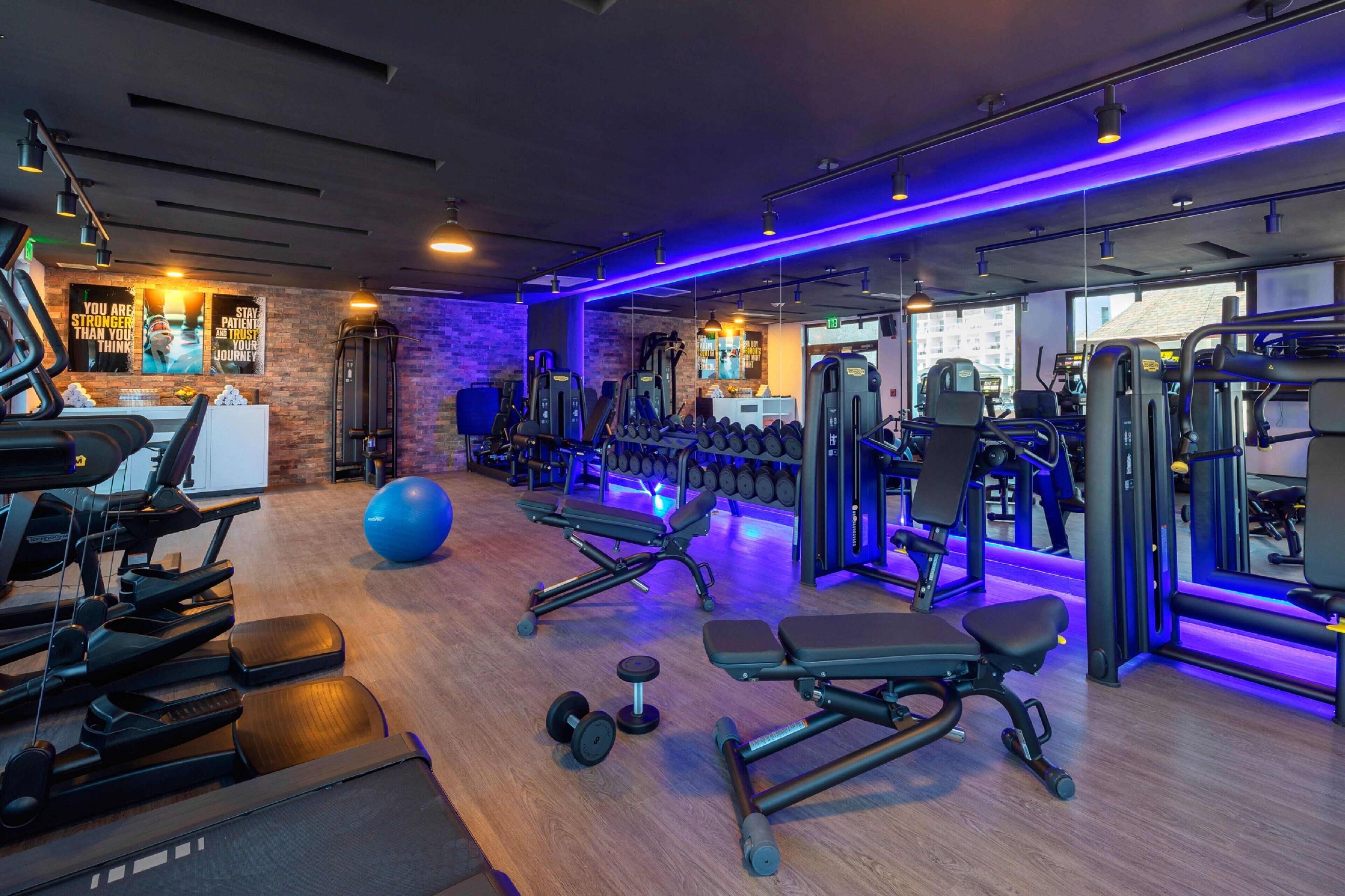 A gym with treadmills, weight machines, and free weights.