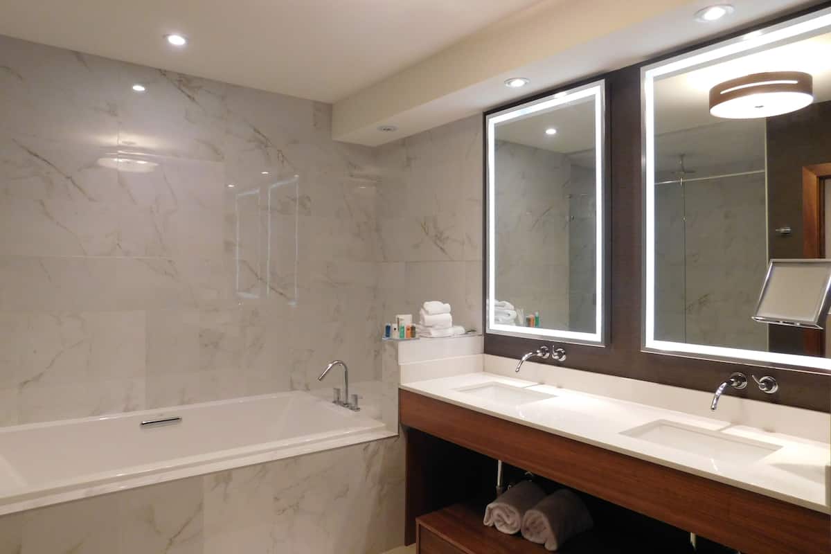 suite, 1 bedroom, non smoking, jetted tub (1 kingbed) | bathroom | shower, free toiletries, hair dryer, towels