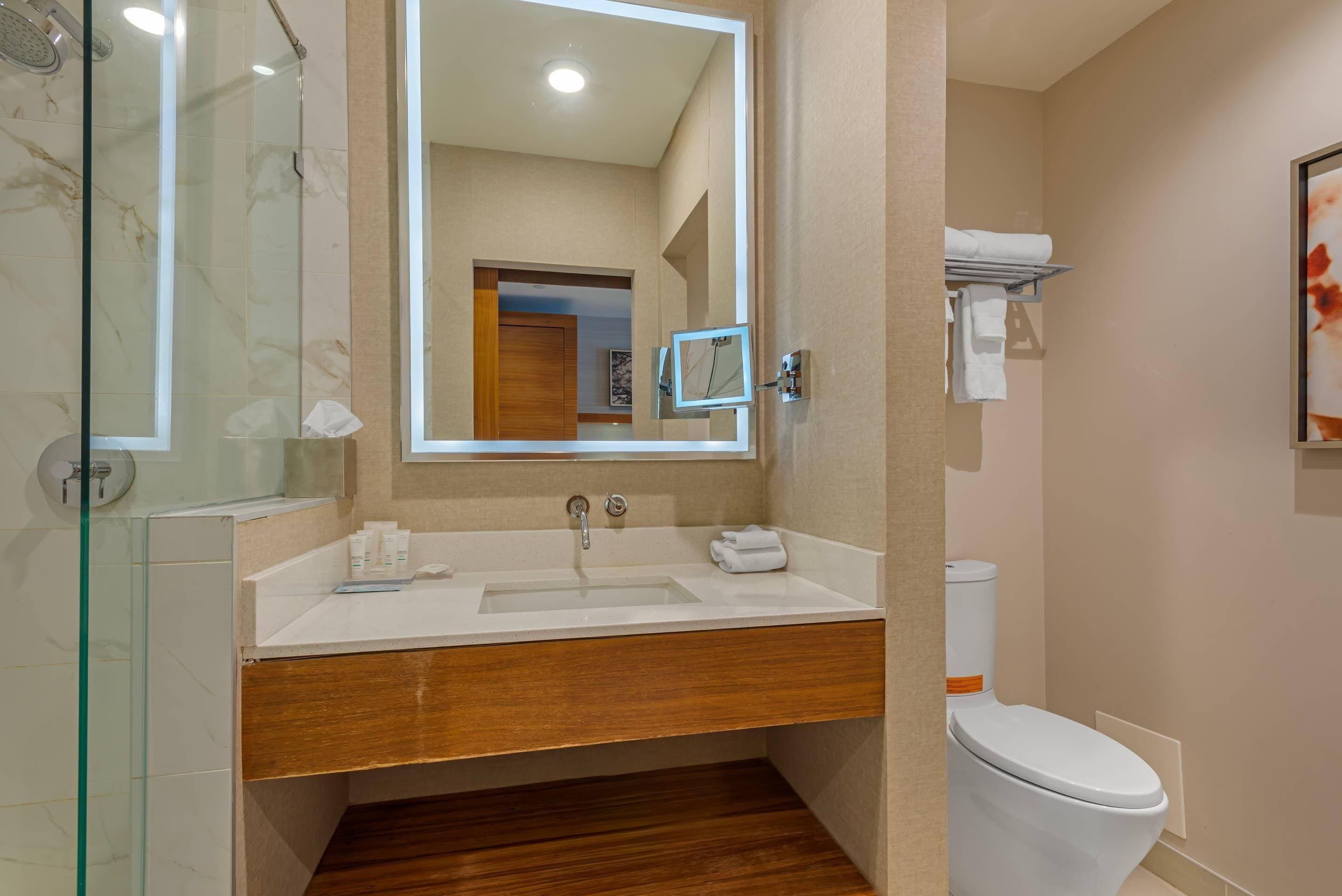 A modern bathroom with a glass shower enclosure, a wooden vanity, a white sink, and a toilet.