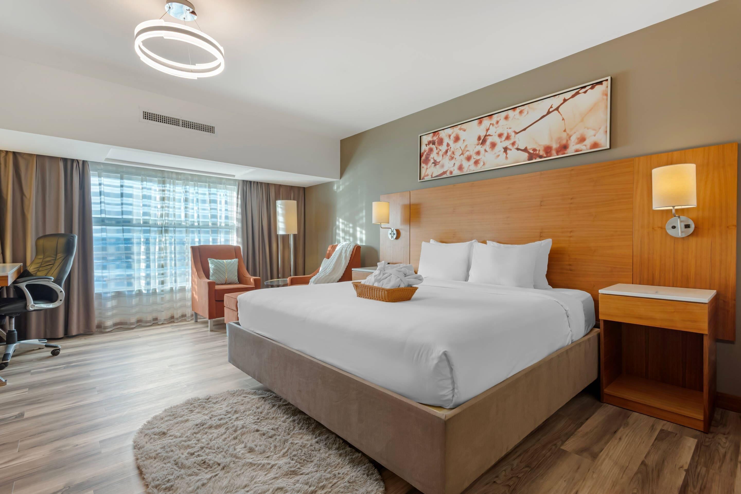 Una habitación de hotel con una cama grande, un escritorio, una silla, un tapete redondo y vistas a la ciudad.