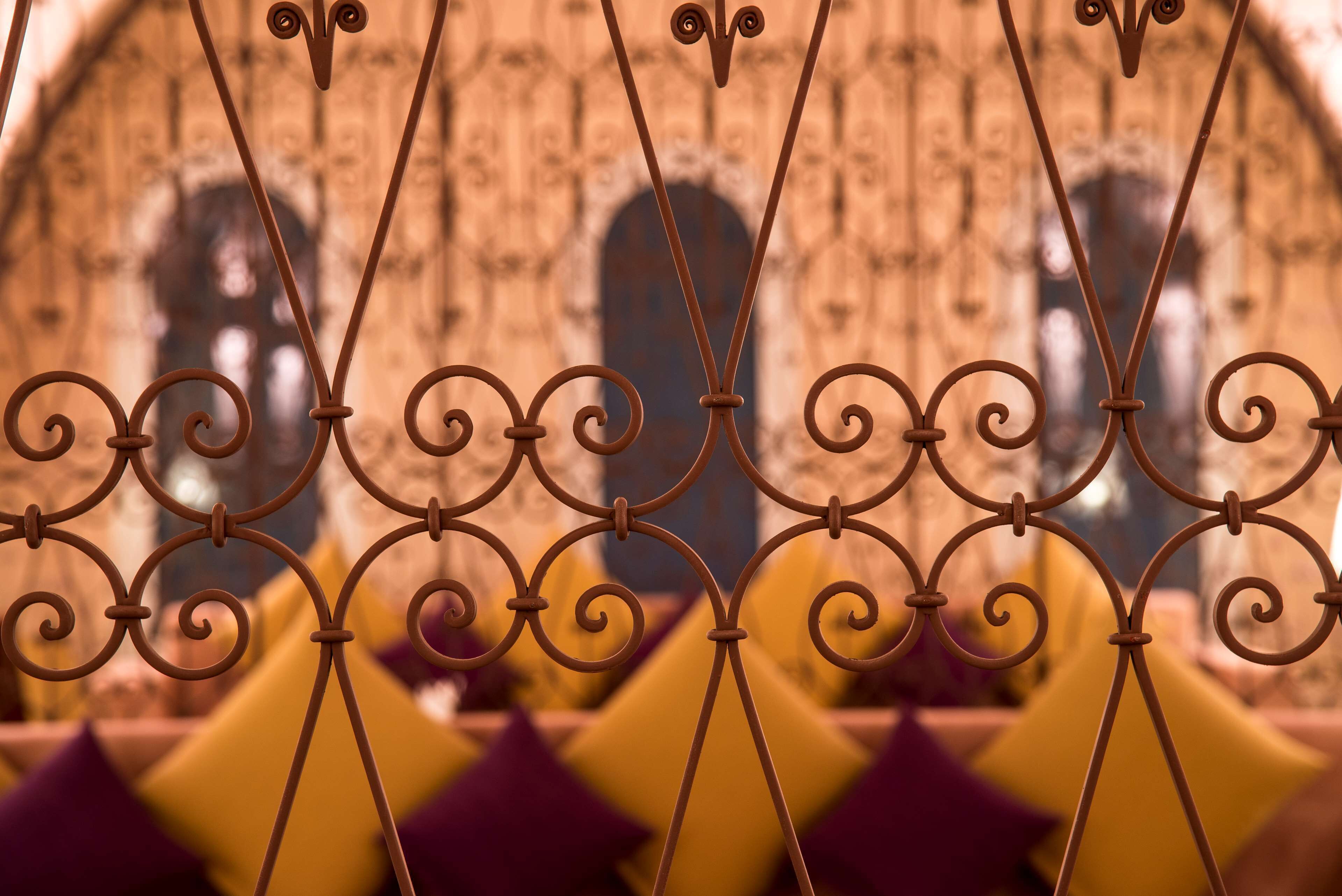 A wrought iron gate with a decorative pattern.