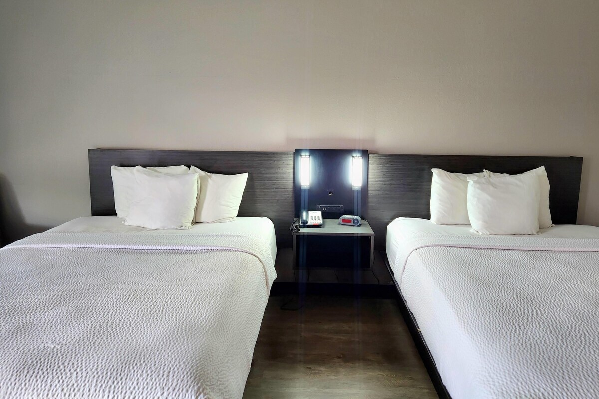Room, 2 Queen Beds, Hearing Accessible, Non Smoking (Mobility, Roll-in Shower) | Pillowtop beds, desk, soundproofing, iron/ironing board