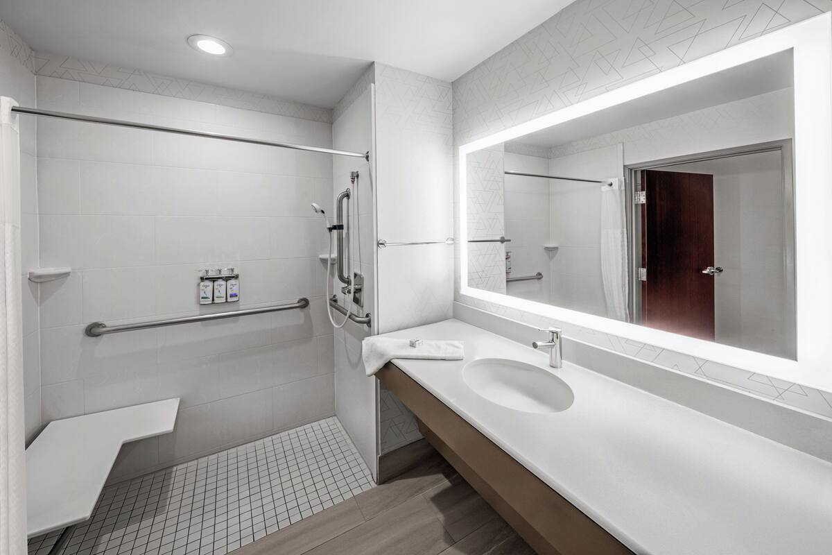 A modern bathroom with a walk-in shower, a large mirror, a sink, and a toilet.