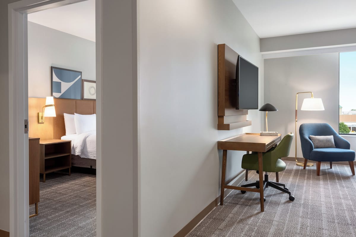 1 bedroom, desk, laptop workspace, blackout curtains
