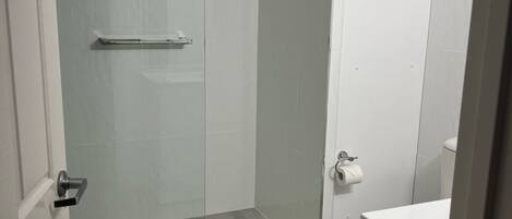 A bathroom with a glass shower enclosure, a toilet, and a sink.