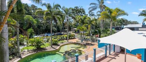 Outdoor pool, pool umbrellas, pool loungers