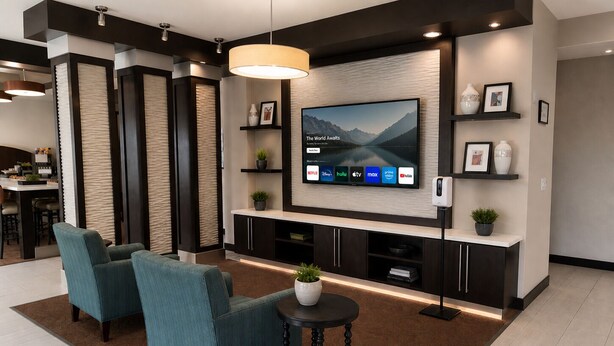 A modern living room with a flat-screen TV, two blue armchairs, a coffee table, and a small side table with a plant. - Holiday Inn Express Kenedy by IHG (Kenedy)