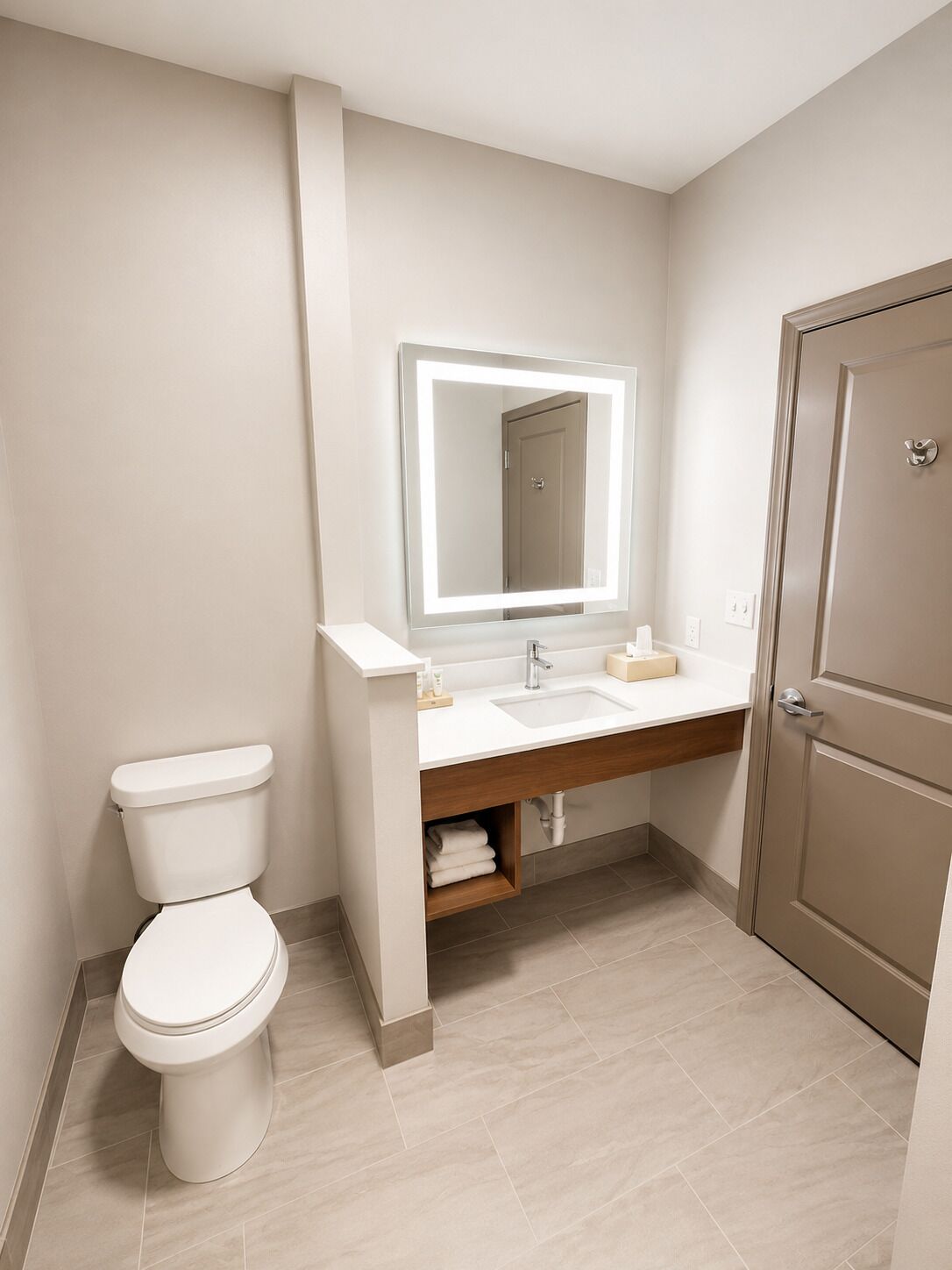 Ein modernes Badezimmer mit Toilette, Waschbecken mit Spiegel und einer Tür.