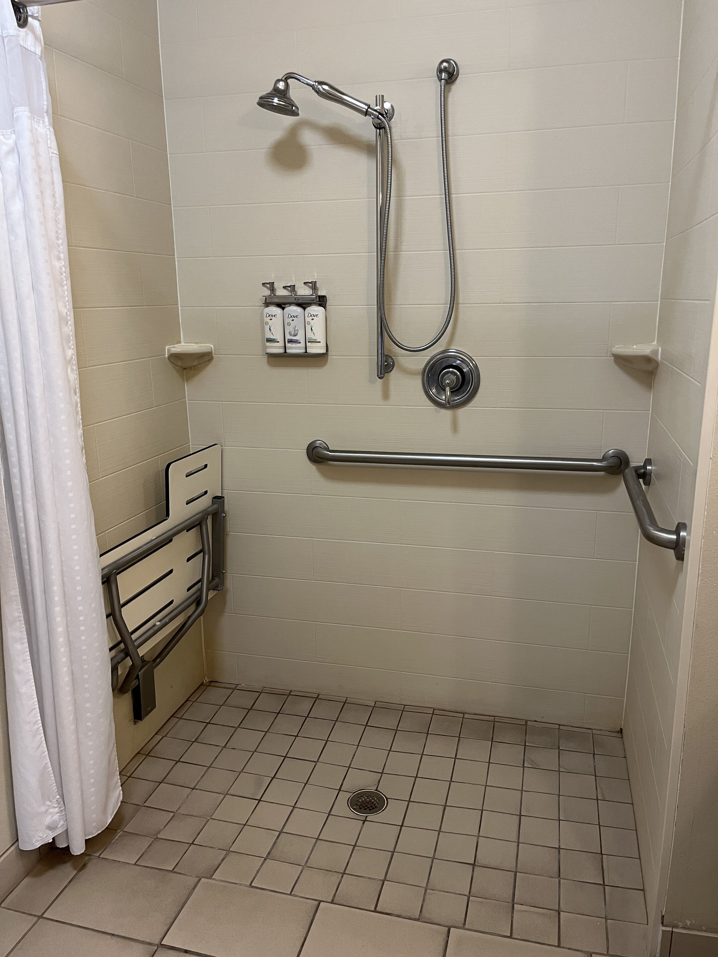 A small, tiled shower area with a handheld showerhead, a handheld shower attachment, and a grab bar.