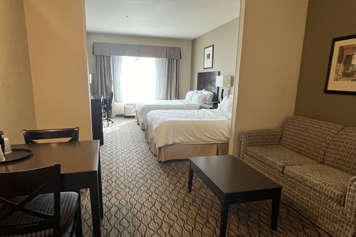 A hotel room with a bed, a sofa, a desk, and a chair.