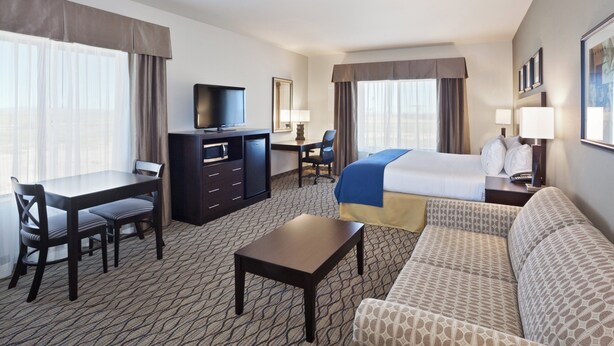 A hotel room with a bed, a desk, a television, a sofa, and a carpeted floor. - Holiday Inn Express Hotel & Suites Deming Mimbres Valley by IHG (Deming)