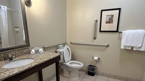Een badkamer met twee wastafels, een toilet, een handgreep, een afvalbak en een foto in een lijst aan de muur.