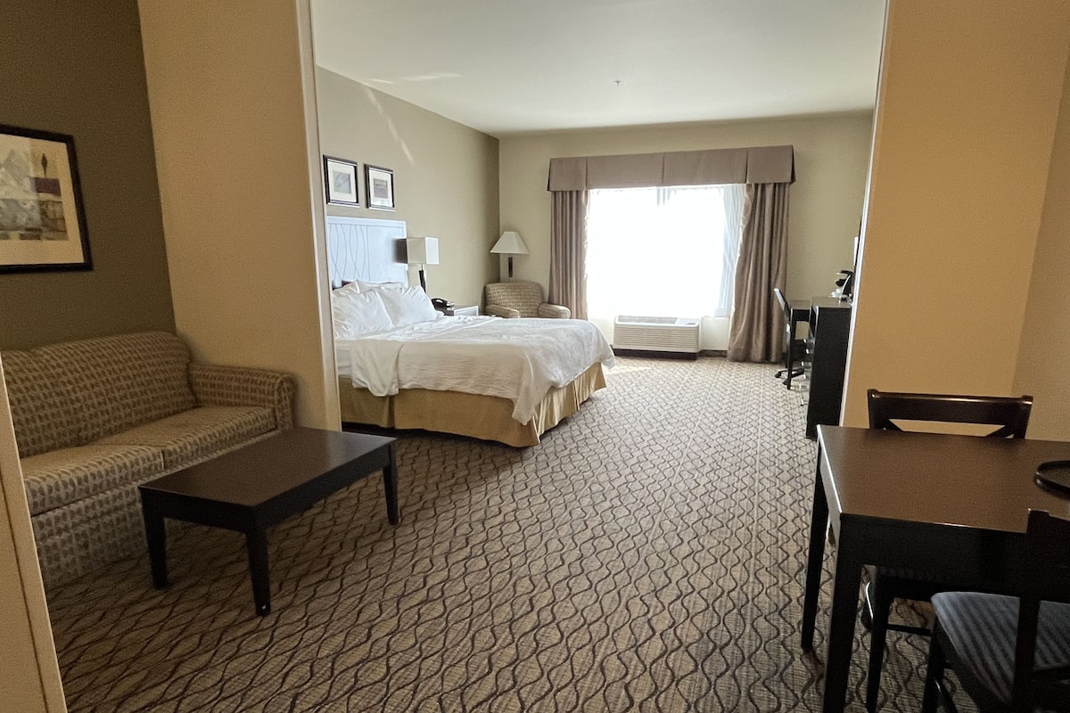 A hotel room with a bed, a sofa, a desk, and a chair.